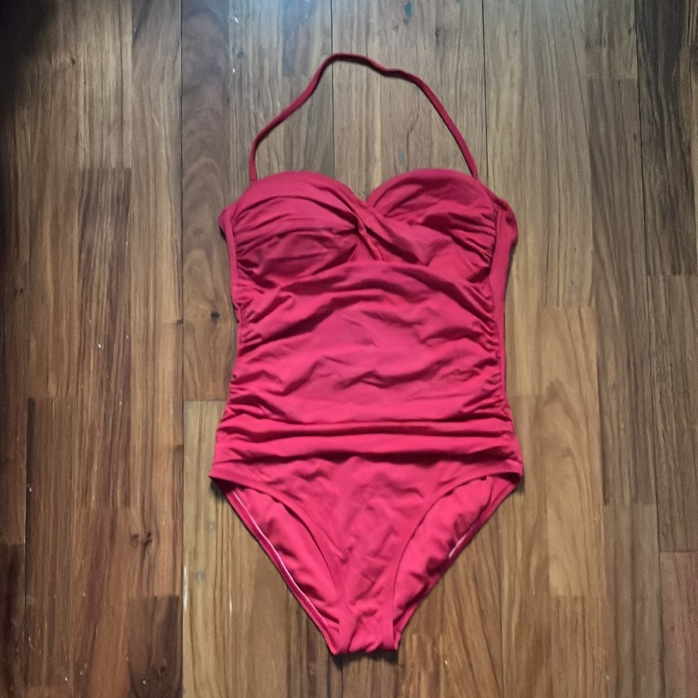 Liz Claiborne red twist Bandeau strapless sweetheart one piece retro swim suit - Picture 2 of 4